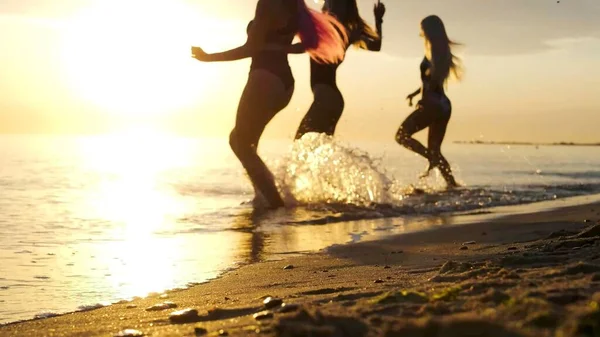 Силуэты Молодых Женщин Пляже Которые Идут Океан — стоковое фото