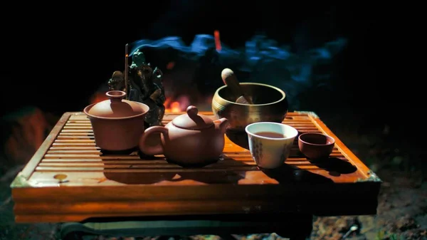 Ein Foto Von Objekten Während Einer Buddhistischen Zeremonie Freien Abend — Stockfoto