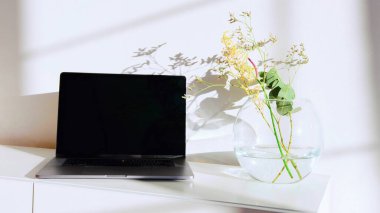 Masanın üzerinde bir kase bitkiyle siyah bir dizüstü bilgisayarın fotoğrafı.