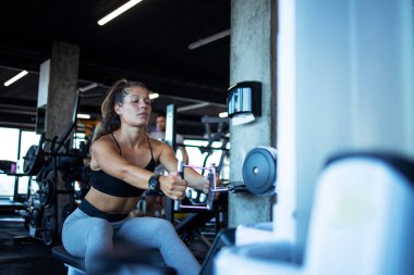 Spor salonunda kadın egzersizi yapıyor. Spor salonunda vücut geliştirme ve eğitim.