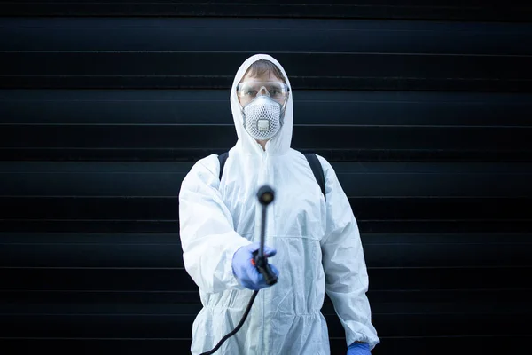 Portrait Professional Exterminator Pointing Sprayer Nozzle Pest Control Camera Man — Stock Photo, Image