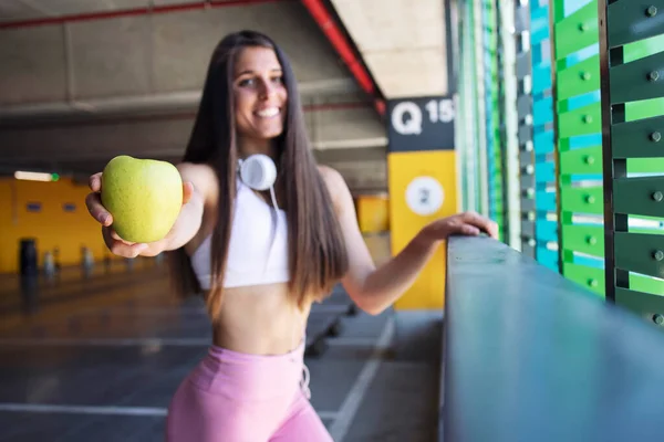 Jablečné Zdravé Ovoce Fitness Žena Drží Jablko Organické Ovoce Tréninku — Stock fotografie