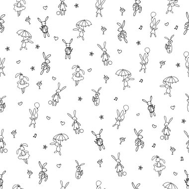 Mutlu tavşan kesintisiz Anahat arka plan vektör desen