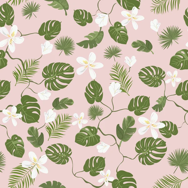 Motif Élégant Sans Couture Feuilles Tropicales Fleurs Sur Fond Rose — Image vectorielle