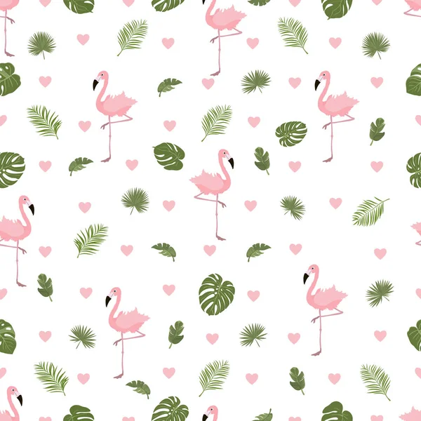 时尚无缝模式 粉红色火烈鸟 热带叶子和花朵在白色背景被隔绝 夏季横幅 明信片 — 图库矢量图片#