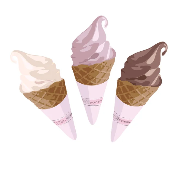 Conos Helado Servicio Suave Helados Fresa Vainilla Chocolate Almendras Congeladas — Vector de stock