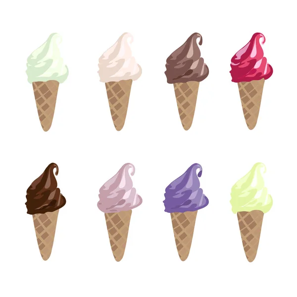 软服务冰淇淋锥 开心果和巧克力冰淇淋或冷冻蛋羹在锥形分离的白色背景 — 图库矢量图片