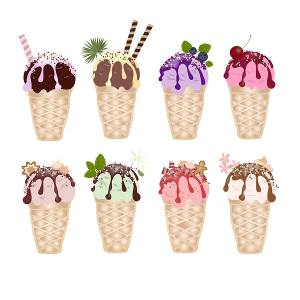 Different Sorts Colorful Ice Cream Waffles Cones Isolated White Background — Stock Vector