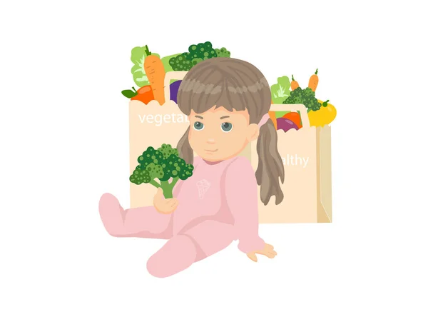可爱的女婴坐在地板上的购物袋与蔬菜 — 图库矢量图片#