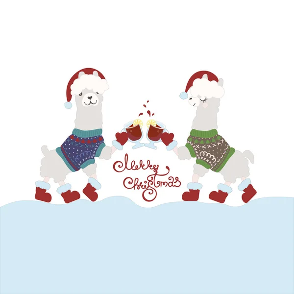 Moche Pull Party Invitation Modèle Happy Lamas Boire Vin Chaud — Image vectorielle