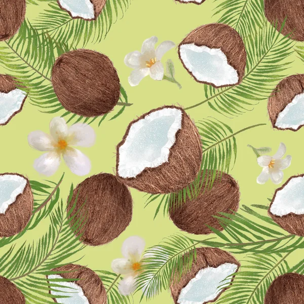 Tropical Seamless Repeat Pattern Coconut Palm Leaves Flowers Hand Drawn — Stock Photo, Image