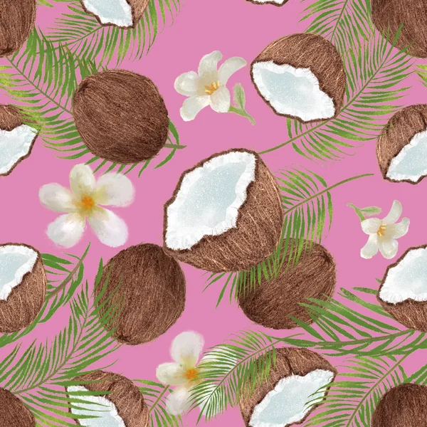 Ropical Fruits Flowers Seamless Pattern Exotic Illustration Hand Drawn — Stock Photo, Image