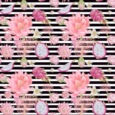 Tropik meyveler ve çiçekler. Kusursuz desen. Egzotik illüstrasyon