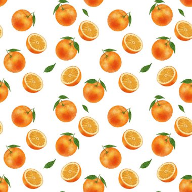 Kusursuz desen. Turuncu meyve el beyaz arka plan üzerinde illüstrasyon çizilmiş. Yeşil yapraklı narenciye