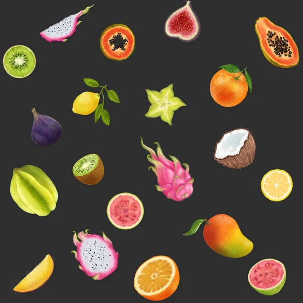 Tropické Ovoce Ilustrace Tmavém Pozadí Dračí Ovoce Kiwi Papaya Karambola — Stock fotografie