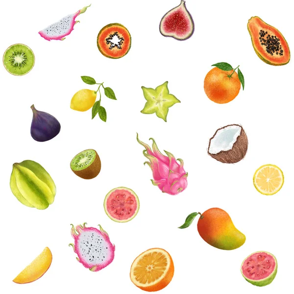 Tropical fruits illustration on white background. Dragon fruit, kiwi, papaya, carambola, star fruit, lemon, orange, fig, guava, coconut, mango