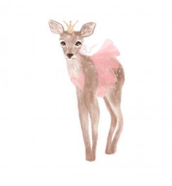 Beyaz arka plan izole üzerinde taç ile sevimli geyik prenses 