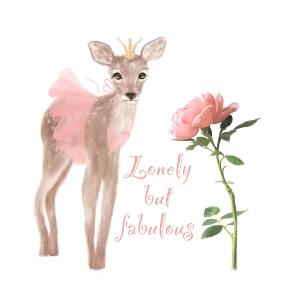 公主鹿与花的可爱的少女插图 但神话般的报价 — 图库照片#