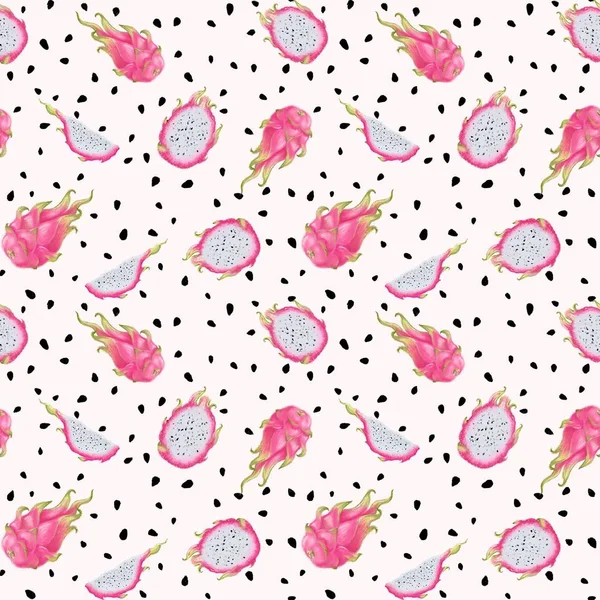 Tropical dragon fruit with black seeds seamless pattern. Pink colorful hand drawn Illustration