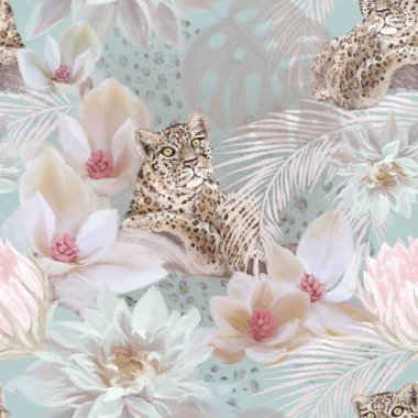 Tropikal eğilim leopar ve çiçek sorunsuz desen. Egzotik vintage lüks el çizilmiş illüstrasyon. Ambalaj kağıdı, Tekstil, kumaş, yüzey desen tasarımı 