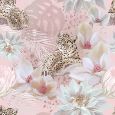 Tropikal eğilim leopar ve çiçek sorunsuz desen. Egzotik vintage lüks el çizilmiş illüstrasyon. Ambalaj kağıdı, Tekstil, kumaş, yüzey desen tasarımı 