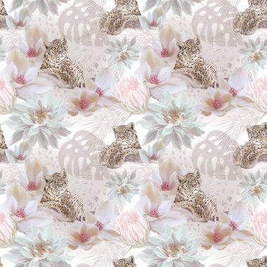 Tropikal eğilim leopar ve çiçek sorunsuz desen. Egzotik vintage lüks el çizilmiş illüstrasyon. Ambalaj kağıdı, Tekstil, kumaş, yüzey desen tasarımı 