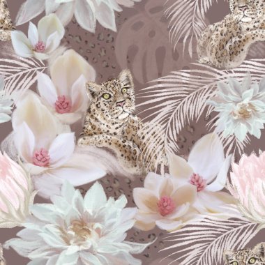 Tropikal eğilim leopar ve çiçek sorunsuz desen. Egzotik vintage lüks el çizilmiş illüstrasyon. Ambalaj kağıdı, Tekstil, kumaş, yüzey desen tasarımı 