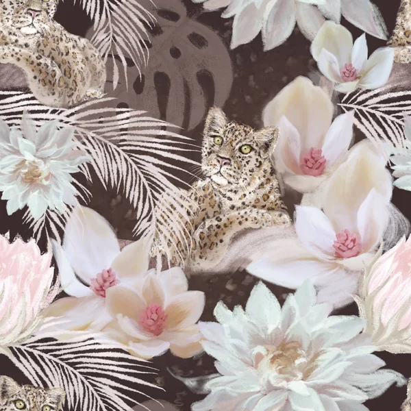 Tropikal eğilim leopar ve çiçek sorunsuz desen. Egzotik vintage lüks el çizilmiş illüstrasyon. Ambalaj kağıdı, Tekstil, kumaş, yüzey desen tasarımı 
