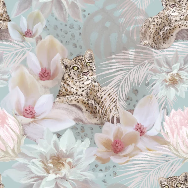Tropikal eğilim leopar ve çiçek sorunsuz desen. Egzotik vintage lüks el çizilmiş illüstrasyon. Ambalaj kağıdı, Tekstil, kumaş, yüzey desen tasarımı 