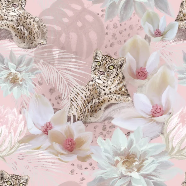 Tropikal eğilim leopar ve çiçek sorunsuz desen. Egzotik vintage lüks el çizilmiş illüstrasyon. Ambalaj kağıdı, Tekstil, kumaş, yüzey desen tasarımı 