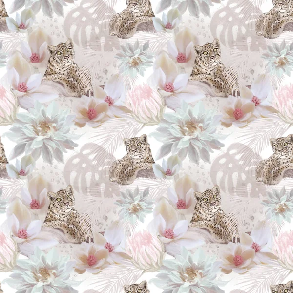 Tropical Trend Leopard Flowers Seamless Pattern Exotic Vintage Luxury Hand — Stock Photo, Image