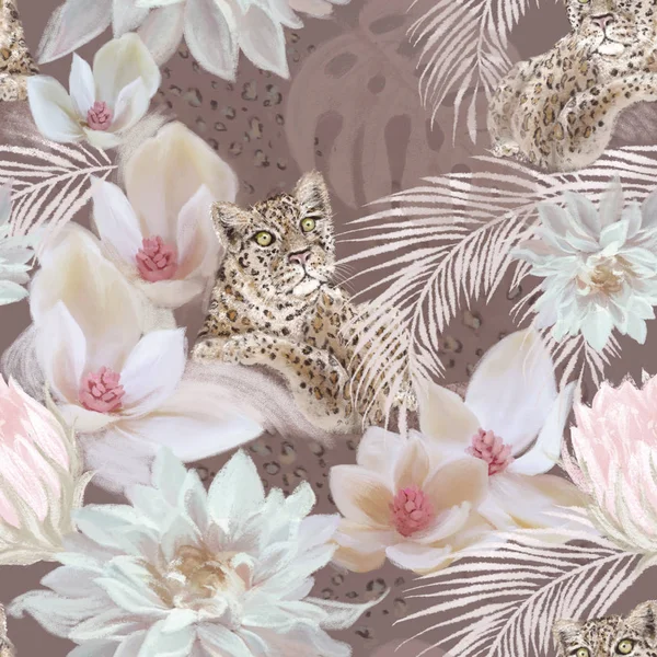 Tropikal eğilim leopar ve çiçek sorunsuz desen. Egzotik vintage lüks el çizilmiş illüstrasyon. Ambalaj kağıdı, Tekstil, kumaş, yüzey desen tasarımı 