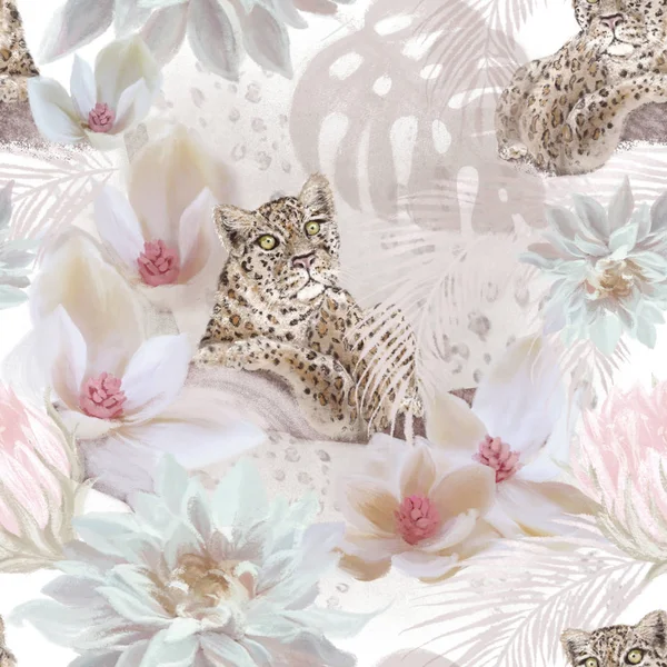 Tropikal eğilim leopar ve çiçek sorunsuz desen. Egzotik vintage lüks el çizilmiş illüstrasyon. Ambalaj kağıdı, Tekstil, kumaş, yüzey desen tasarımı 