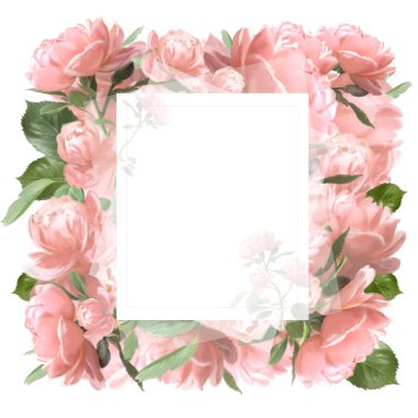 Güzel pembe güller ve geyik clipart. Düğün için Vintage çiçek çerçeve çelenk 