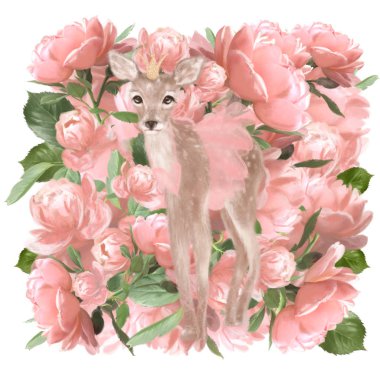 Güzel pembe güller ve geyik clipart. Düğün için Vintage çiçek çerçeve çelenk 