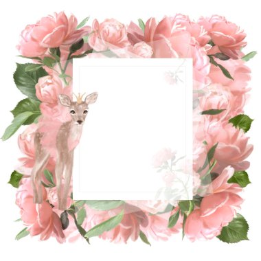 Güzel pembe güller ve geyik clipart. Düğün için Vintage çiçek çerçeve çelenk 