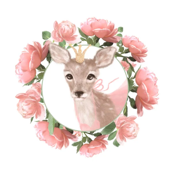 Beautiful Pink Roses Deer Clipart Vintage Floral Wreath Luxury Frame — Stock Photo, Image