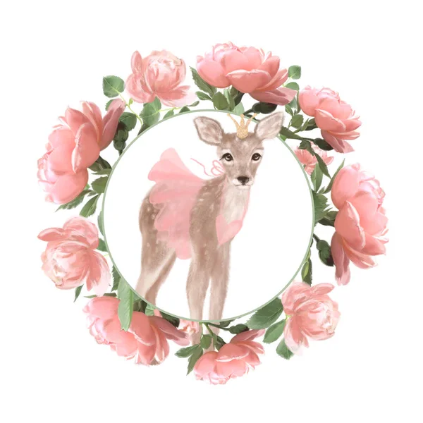 美丽的粉红色玫瑰和鹿剪贴画 复古花卉框架花环婚礼 — 图库照片