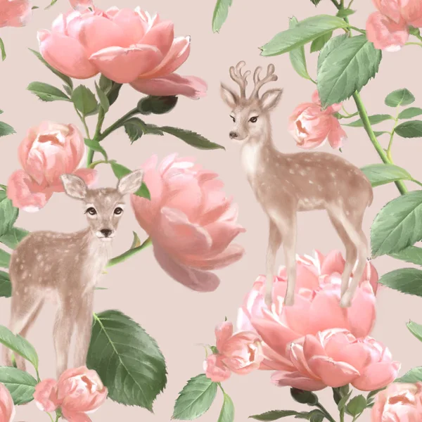 复古波希米亚无缝模式 伍德兰爱夫妇鹿与粉红色的玫瑰在米色背景 逼真的手绘插图 — 图库照片#