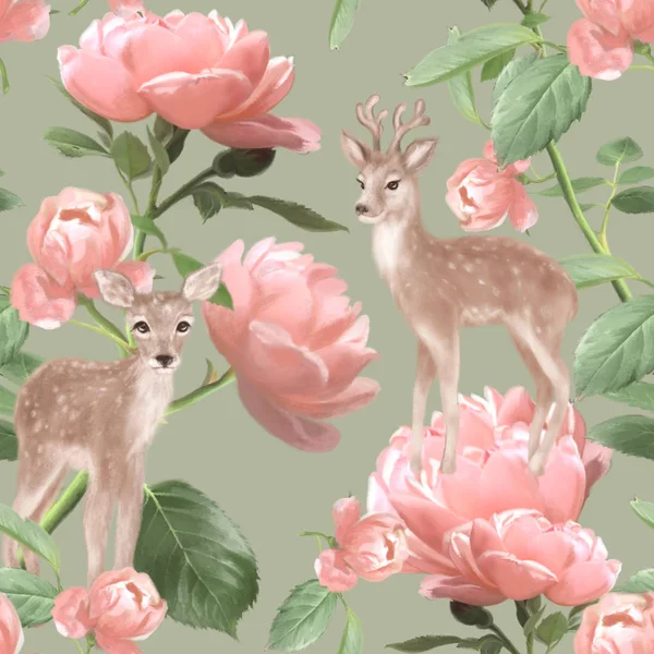 复古波希米亚无缝模式 伍德兰爱夫妇鹿与粉红色的玫瑰在绿色背景 逼真的手绘插图 — 图库照片#