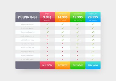 Web sitesi için fiyat listesi. Arayüz öğeleri