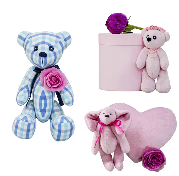 Holiday toys with flowers. Toy Bear in a white and blue cage with a pink rose isolated. Pink box with purple pion and pink toy of bear cubs in beads and wreath, mockup for florist.Pink toy-rabbit with pink plush heart and a crimson rose.