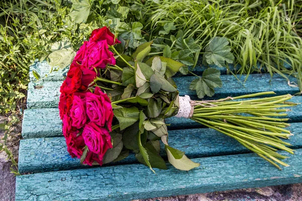 Букет Червоних Троянд Лежить Зеленій Лавці Сонячний День — стокове фото