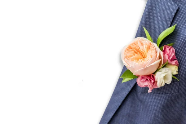 Бутоньерный Жених Большой Розовой Розой Дэвид Остин Синем Пиджаке Белом — стоковое фото
