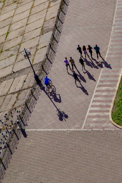 Велосипедист Група Бігунів Плитці Сонячний День Довгі Тіні Ліхтар Вид — стокове фото