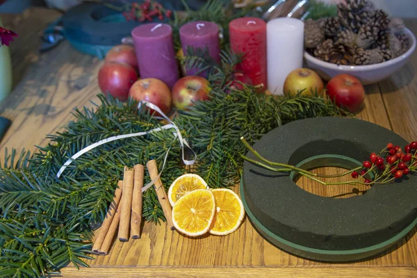 Table Accessories Making Hand Unique Magic Christmas Wreath Background Small — Photo