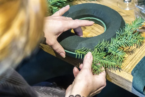 Women Hands Table Accessories Make Unique Magic Christmas Wreath Hand — 스톡 사진