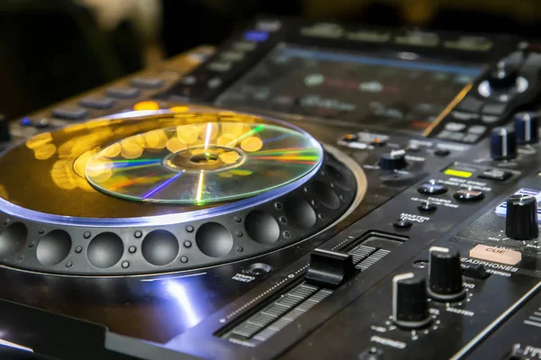 Professional party dj sound mixer controller. Play & remix music tracks at party or concert with modern audio equipment.