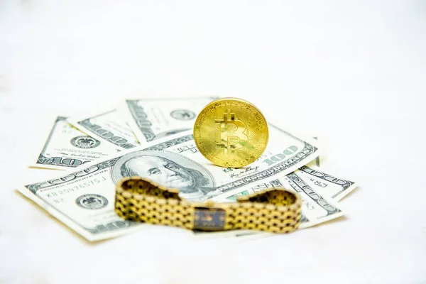 Bitcoin Coin 100 Bills Gold Watch Light Background — Stock Photo, Image