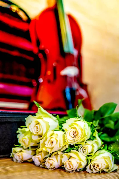 Fehér Rózsa Ellen Ügy Romantikus Összetétele Zene Virágok Egy Állandó — Stock Fotó
